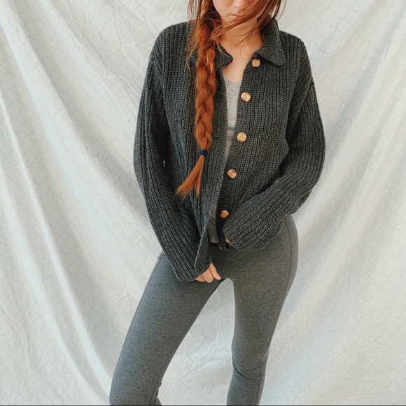 Vintage Sweaters - Vintage chunky grey cable knit sweater button up